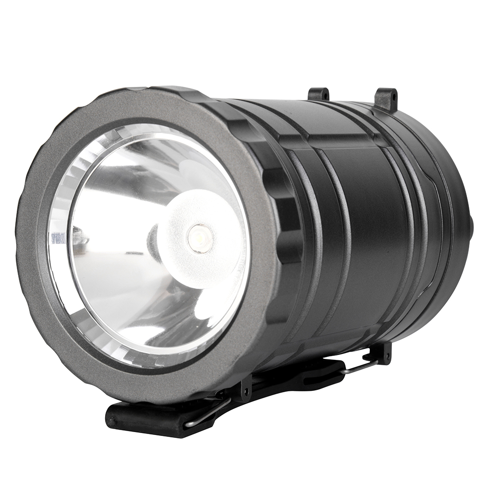 Close-up view of the bottom 1W LED flashlight lens and reflector cup on the collapsible lantern.