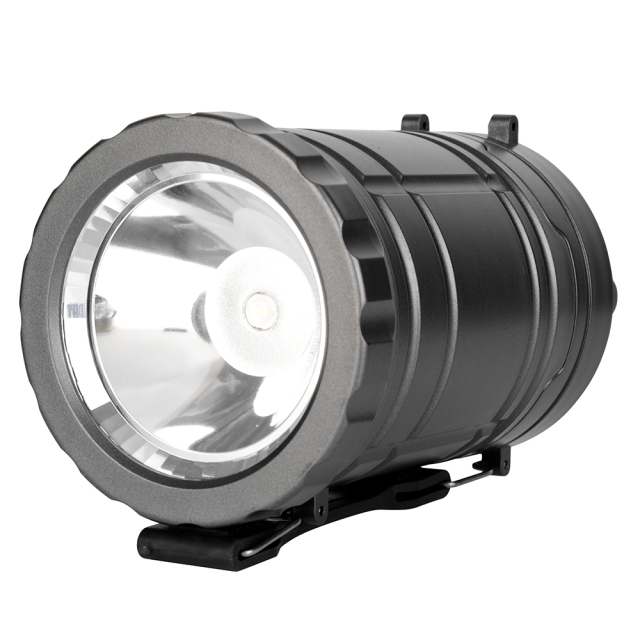 Close-up view of the bottom 1W LED flashlight lens and reflector cup on the collapsible lantern.