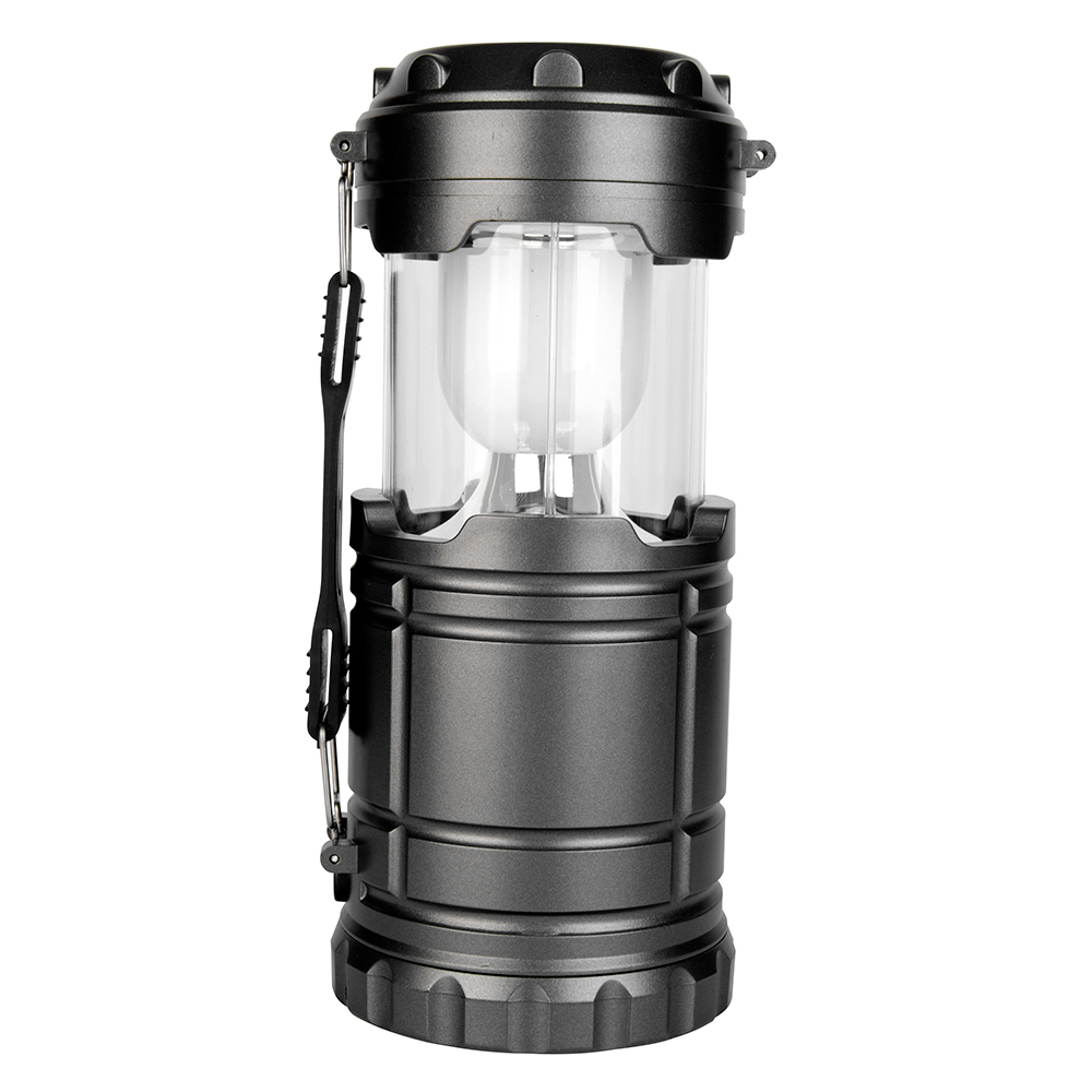 Front view of the extended collapsible camping lantern with a white frosted diffuser shade.