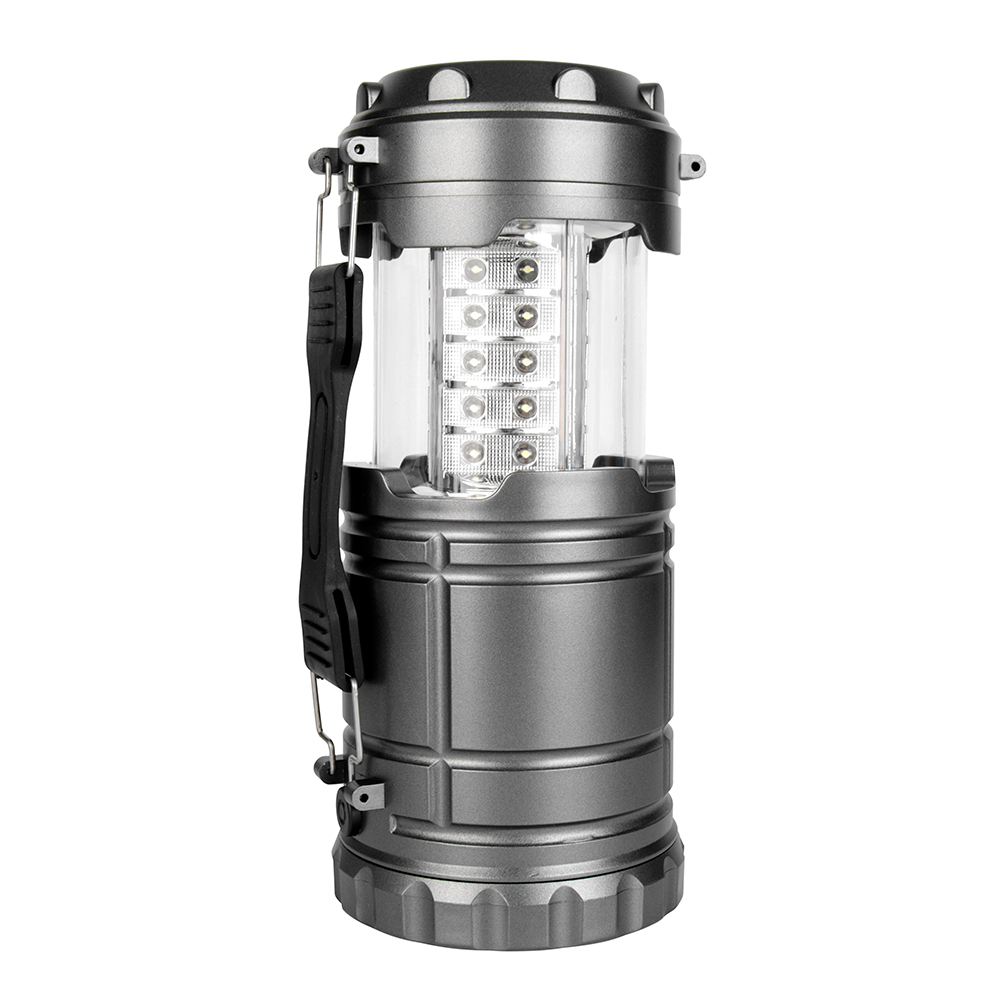 Front view of the fully extended collapsible camping lantern featuring an array of LED flame lights.