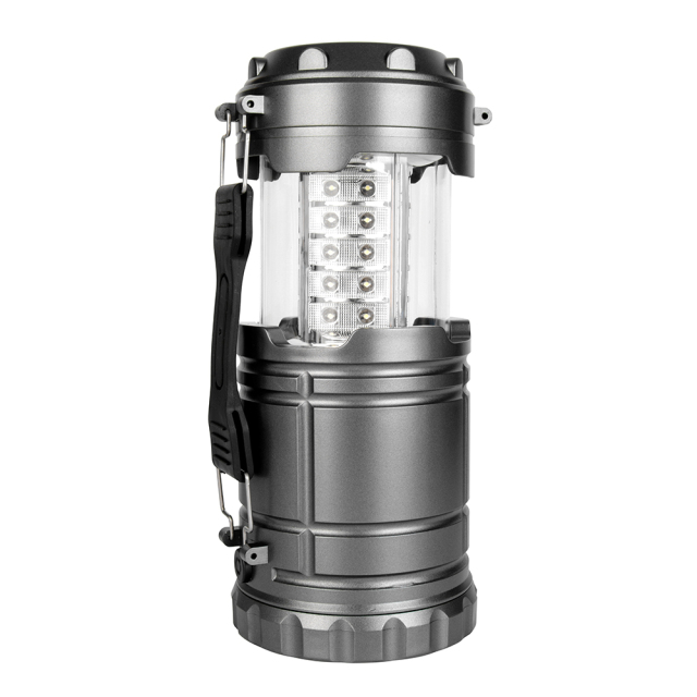 Front view of the fully extended collapsible camping lantern featuring an array of LED flame lights.
