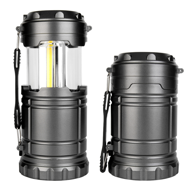 Side-by-side comparison of the collapsible lantern in its open extended state and closed compact state.
