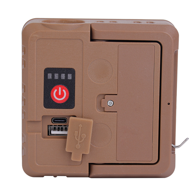 Close-up view of the power button, battery level indicator lights, and USB charging ports.