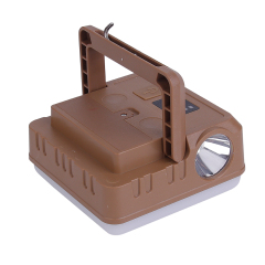 Side-angle view of the brown multi-functional camping lantern with raised carrying handle.