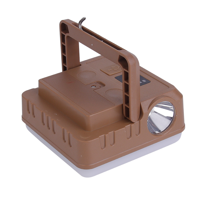 Side-angle view of the brown multi-functional camping lantern with raised carrying handle.