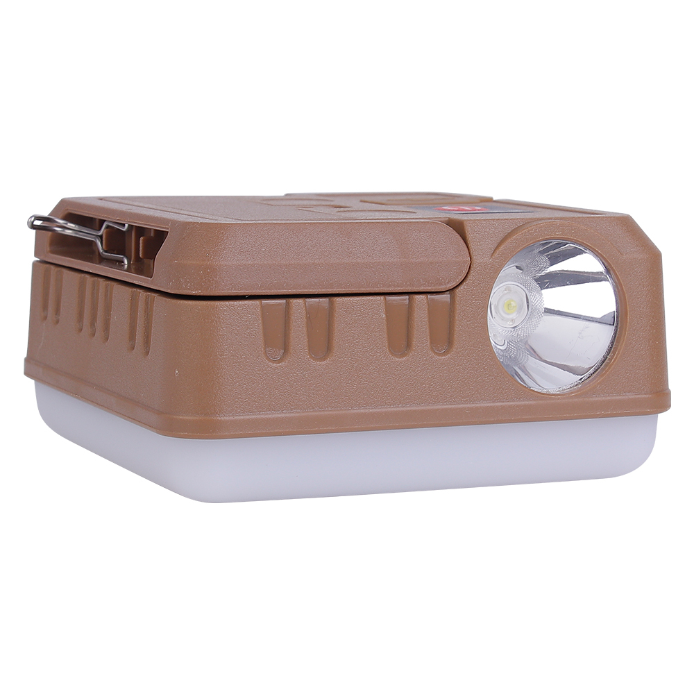 Close-up view of the front LED spotlight lens on the side of the portable camp light.