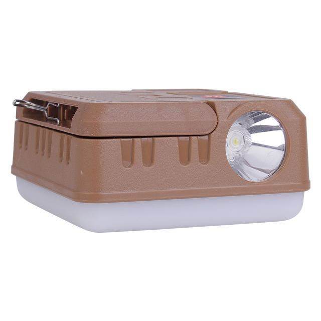 Close-up view of the front LED spotlight lens on the side of the portable camp light.