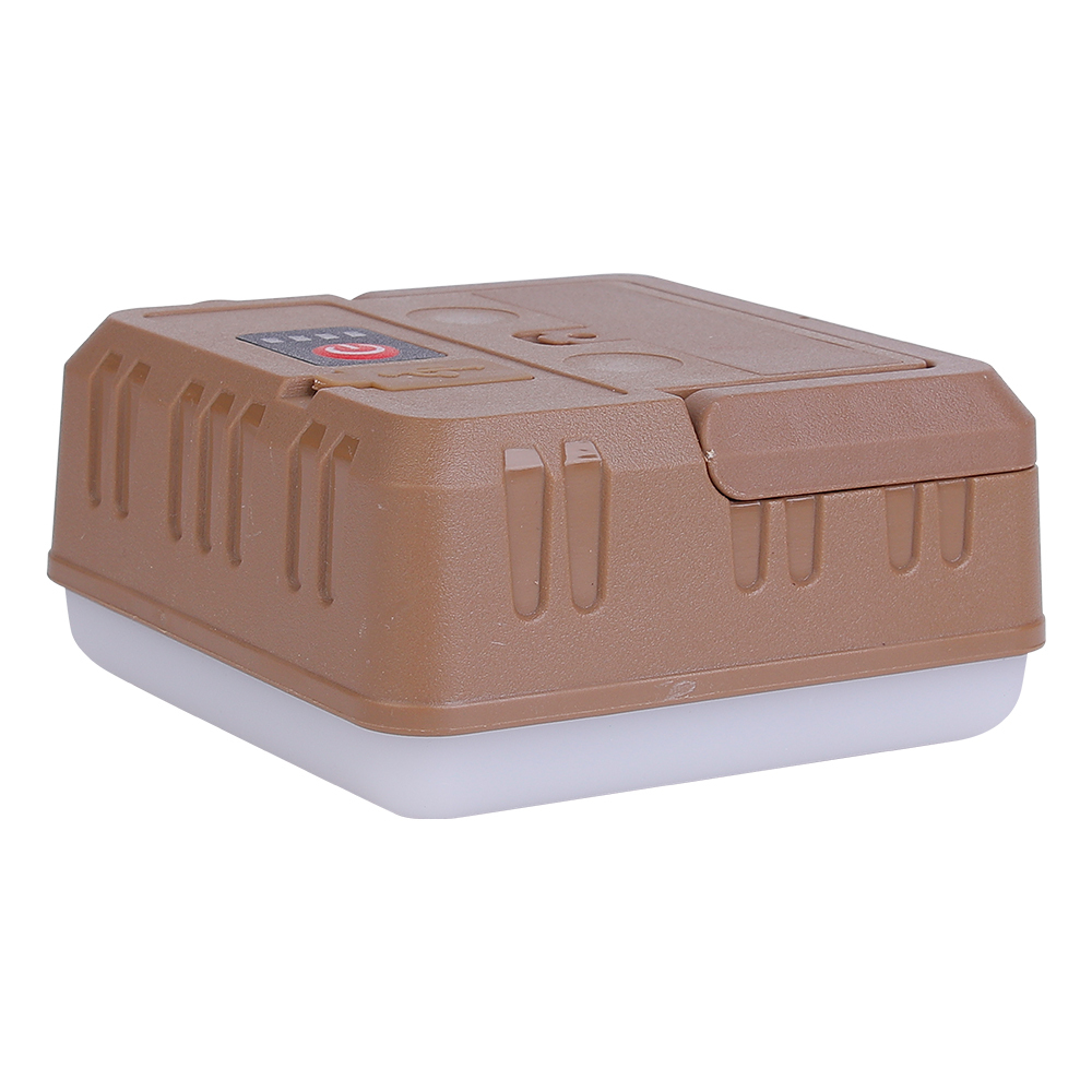 Side view of a brown portable LED camping work light with its handle folded down.