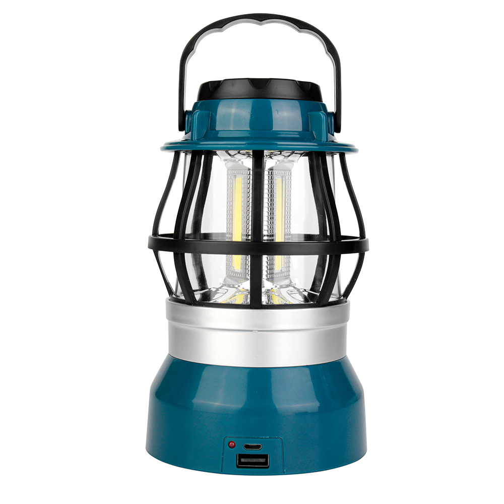 Back view of the blue vintage COB camping lantern showing the lower charging base configuration.
