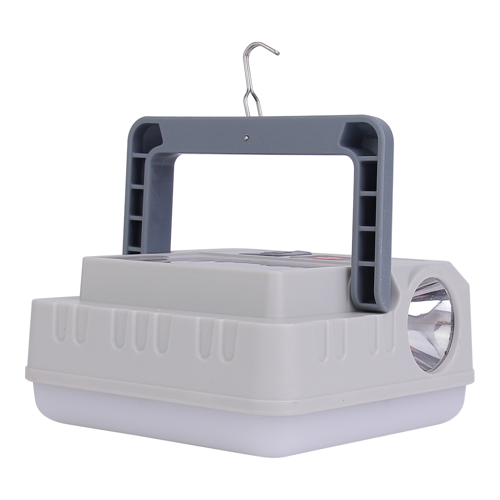 Front side view of the grey solar LED camp light showing the raised handle and top metal hanging hook.