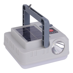 Perspective view of a grey solar-powered LED camping work light with an integrated solar panel.