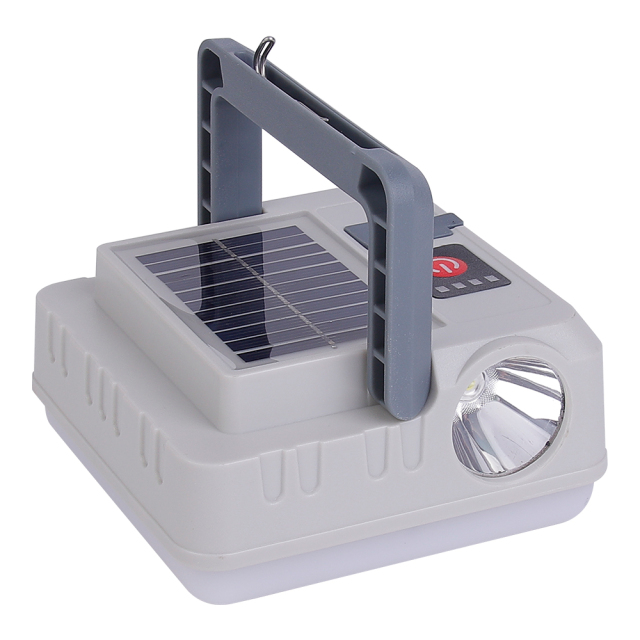 Perspective view of a grey solar-powered LED camping work light with an integrated solar panel.