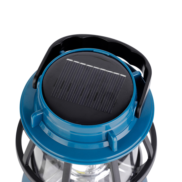 Top-down view of the solar charging panel integrated into the top of the vintage camping lantern.