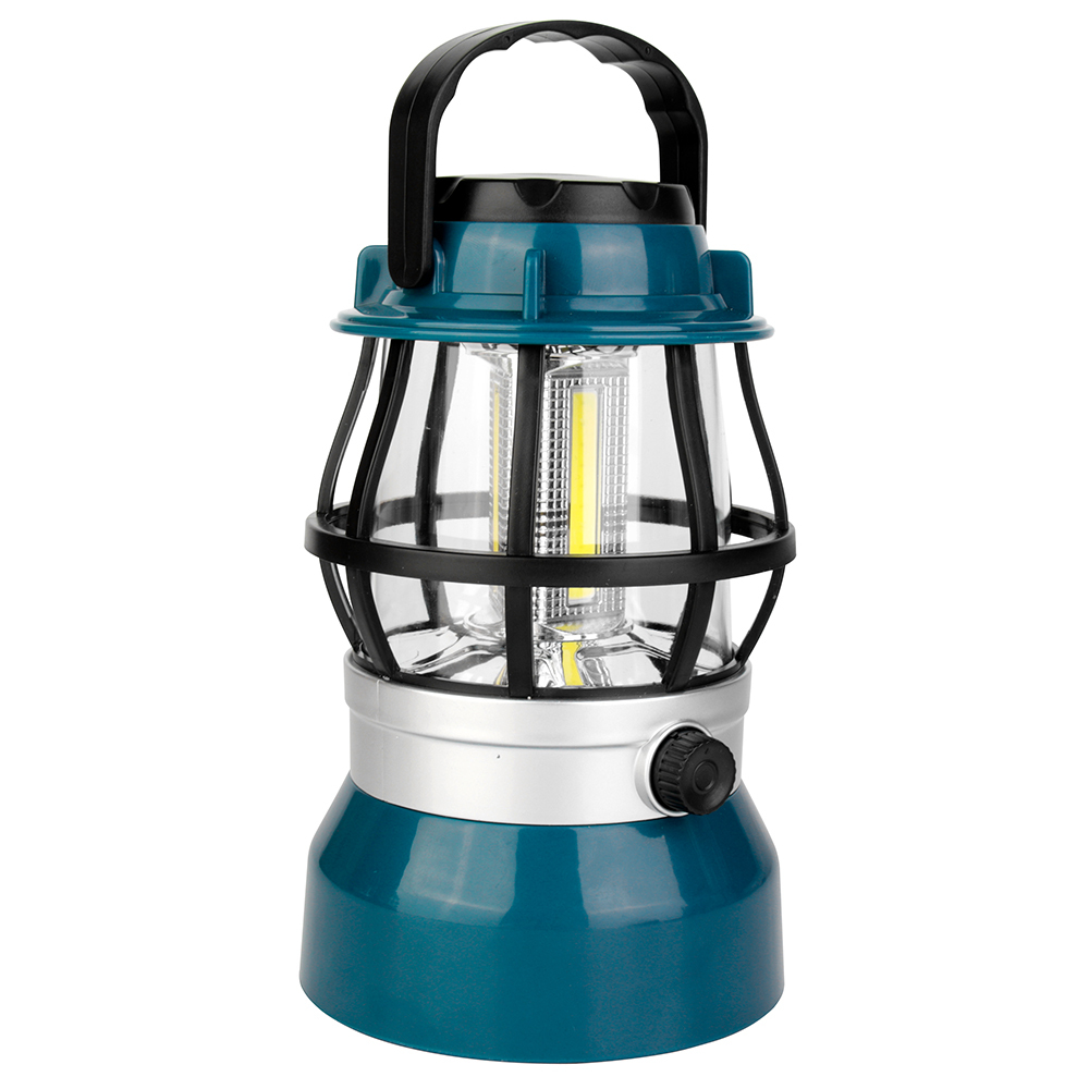 Side view of the blue vintage COB LED camping lantern showing the rotary knob and hanging handle.