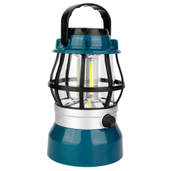 Side view of the blue vintage COB LED camping lantern showing the rotary knob and hanging handle.
