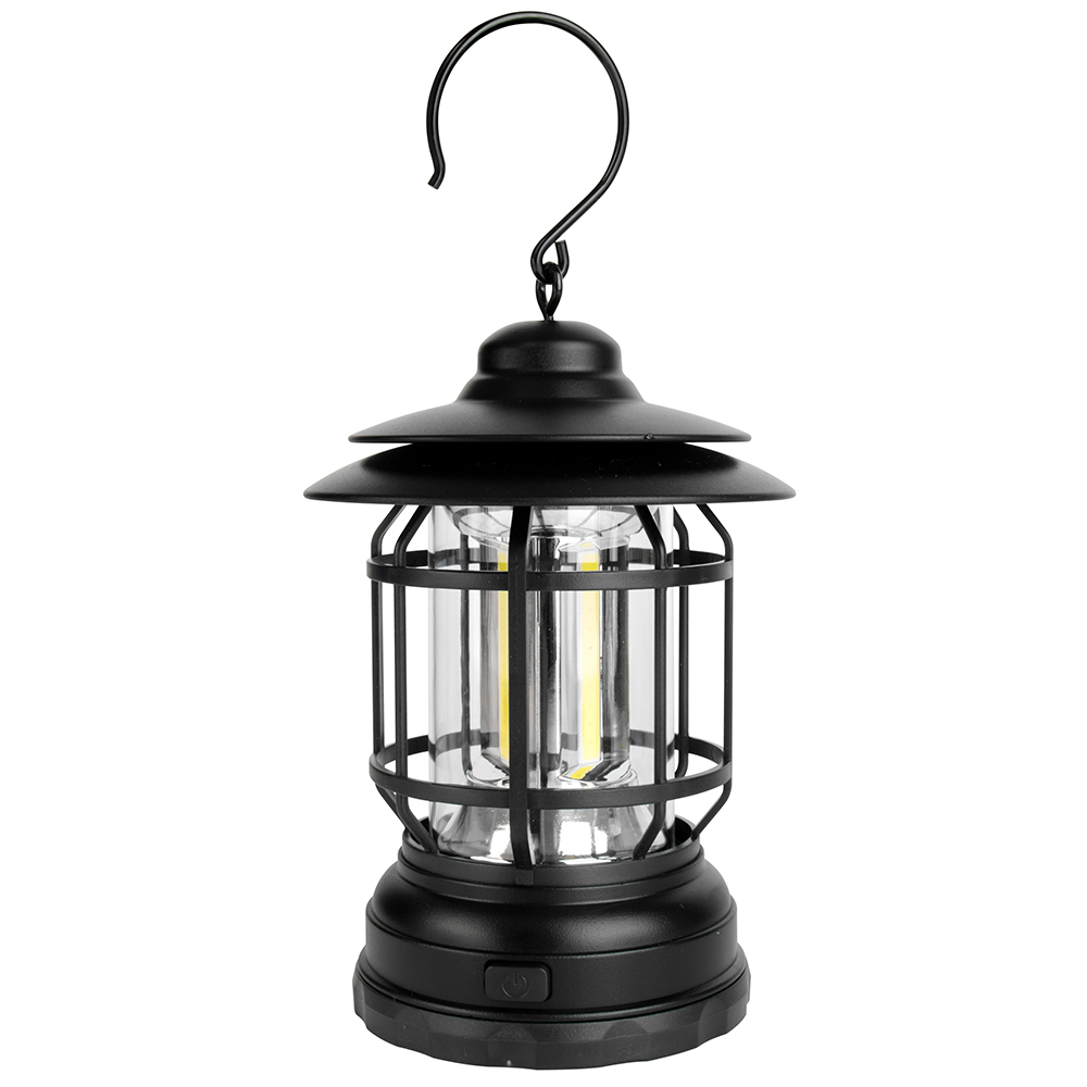 Front view of the black vintage COB lantern with an S-shaped hanging hook attached on top.