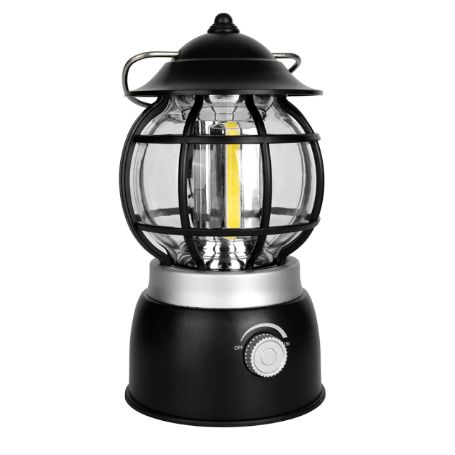 Front view of a black vintage dimmable COB camping lantern with a black protective cage.