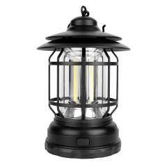 Front view of a black vintage dimmable COB camping lantern with a protective cage.