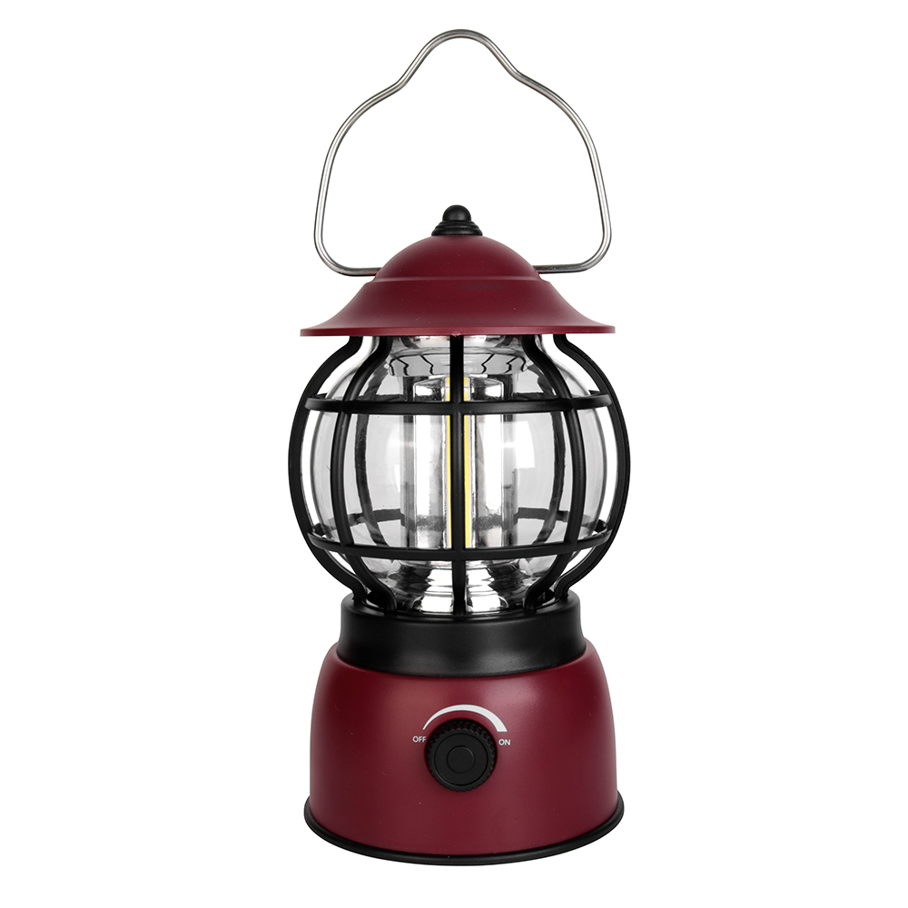 Front view of a dark red vintage dimmable COB camping lantern with a metallic top handle.