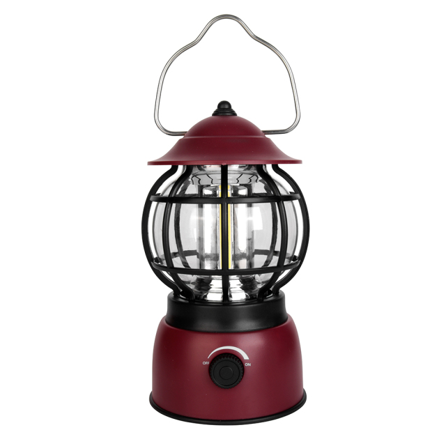 Front view of a dark red vintage dimmable COB camping lantern with a metallic top handle.