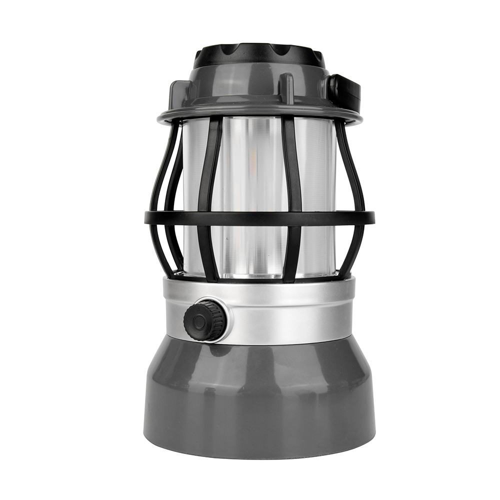 Side profile view of the grey vintage LED flame camping lantern showing the rotary dimmer knob.