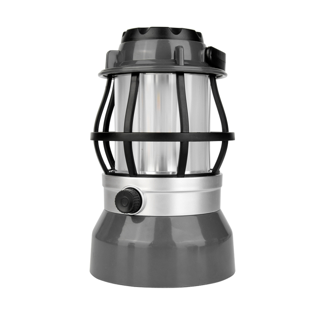 Side profile view of the grey vintage LED flame camping lantern showing the rotary dimmer knob.