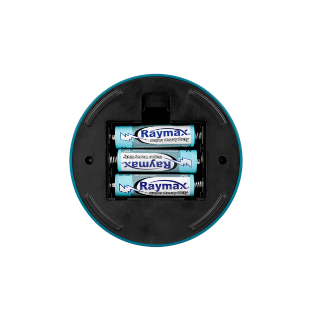 Bottom-up view of the battery compartment fitted with three AA batteries inside the lantern.