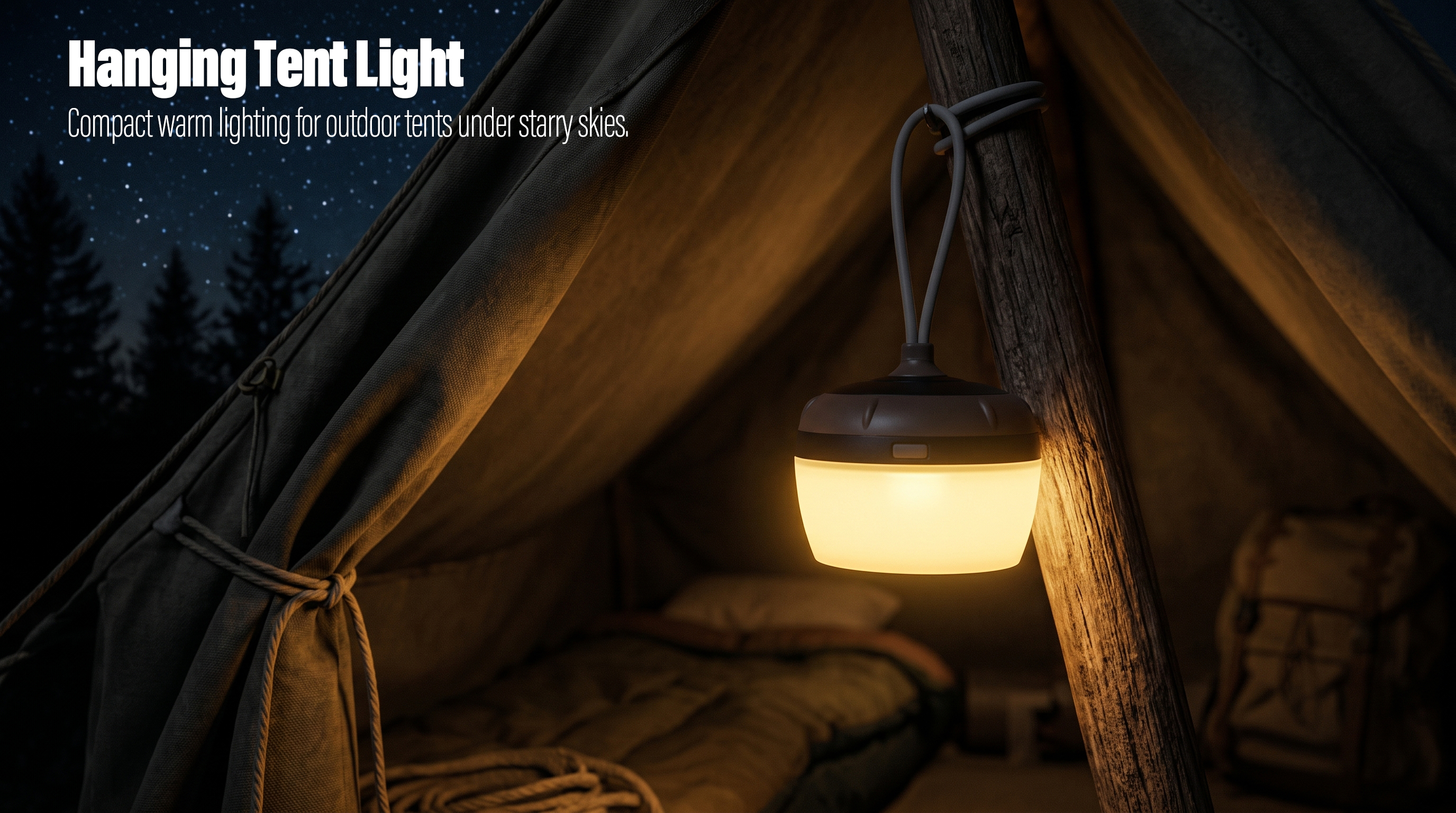 A portable hanging LED tent light glowing warmly on a wooden pole outside a camping tent under a starry night sky.