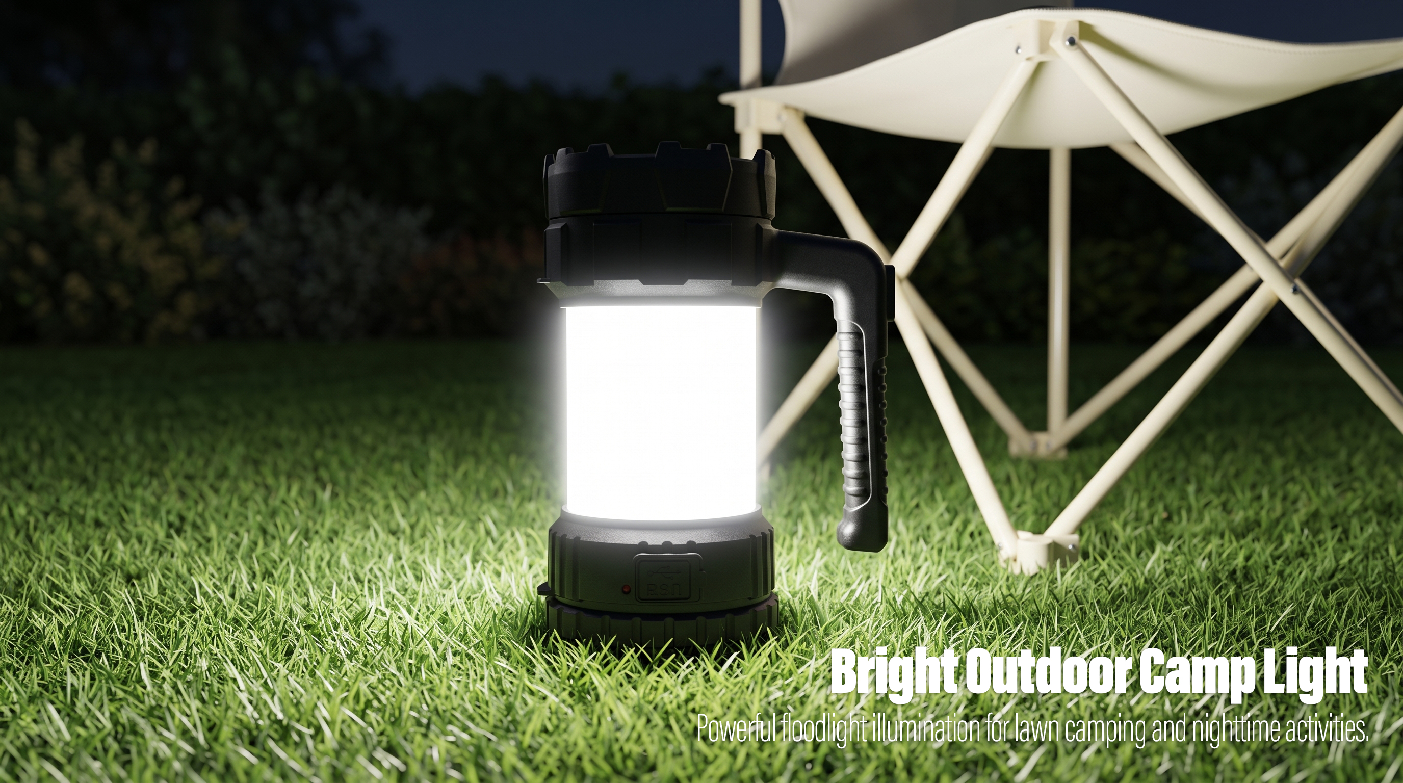 A black high-power LED camping lantern glowing brightly on a green lawn at night next to a folding camping chair.