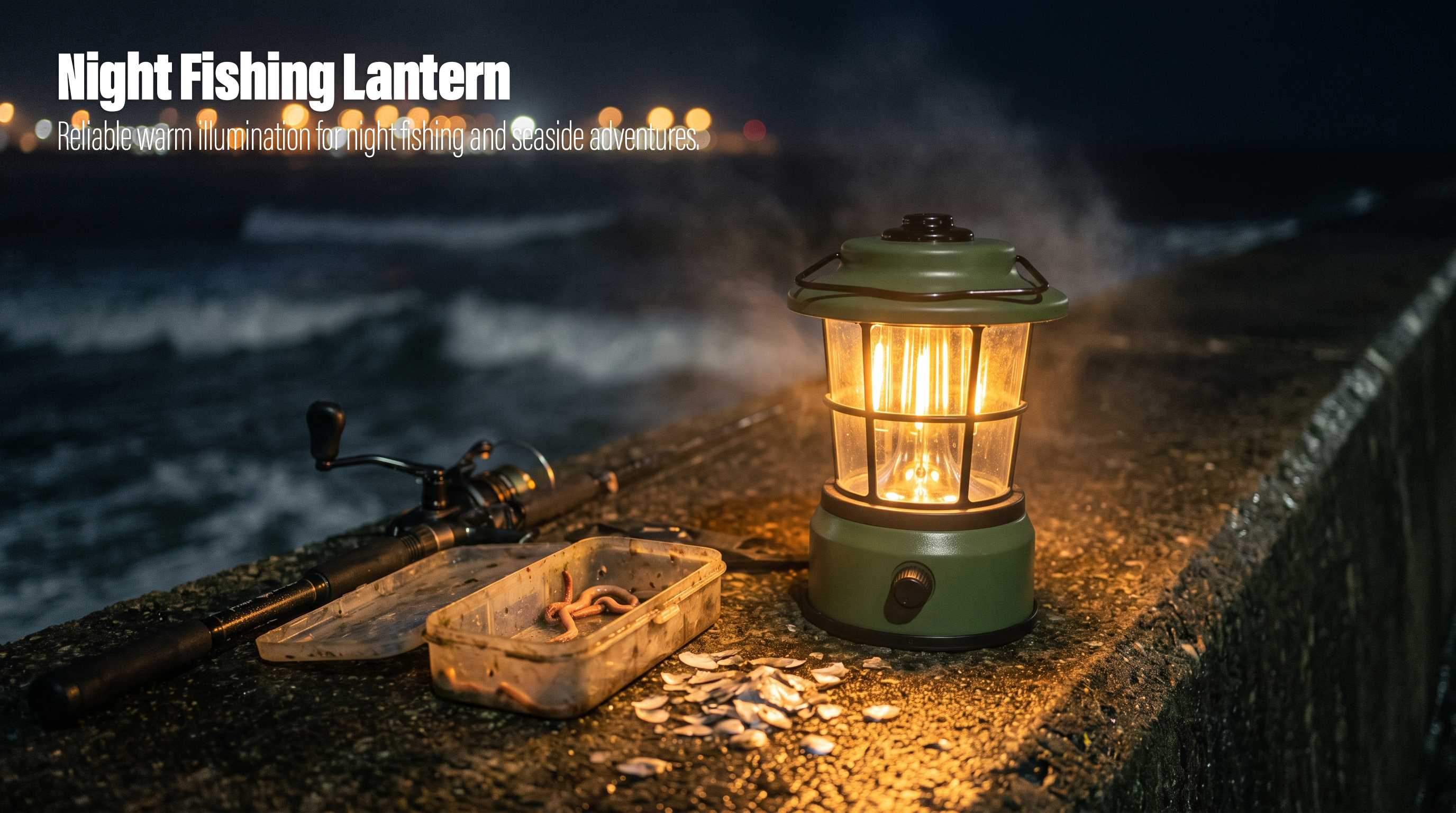 A dark green vintage LED camping lantern glowing on a concrete pier next to a fishing rod and bait box at night.