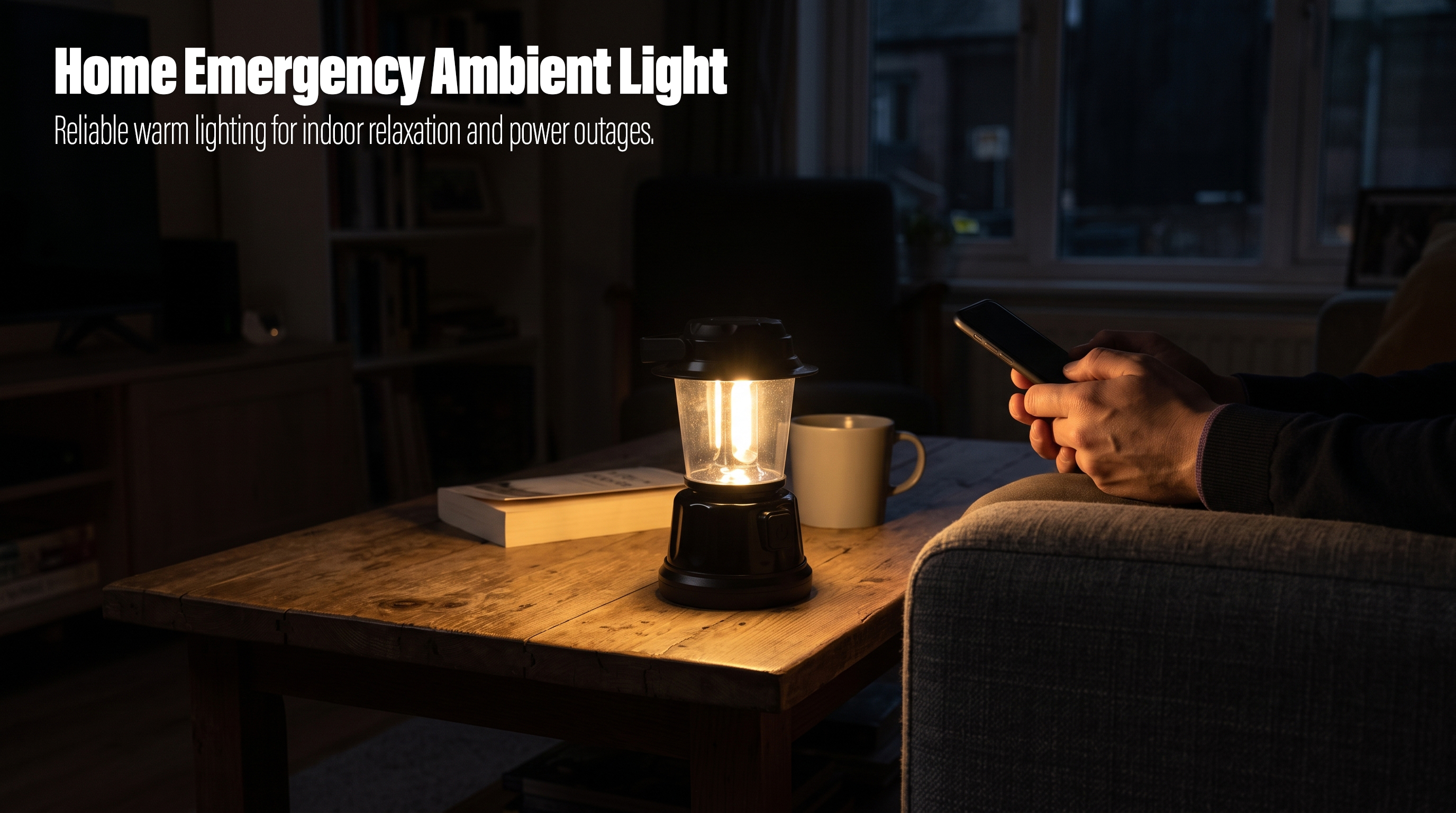 A black vintage LED lantern glowing on a wooden coffee table in a dimly lit living room next to a cup and book.