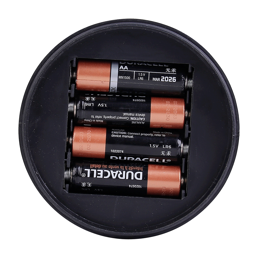 Bottom-up view of the camping light showing the battery compartment loaded with 4 AA batteries.