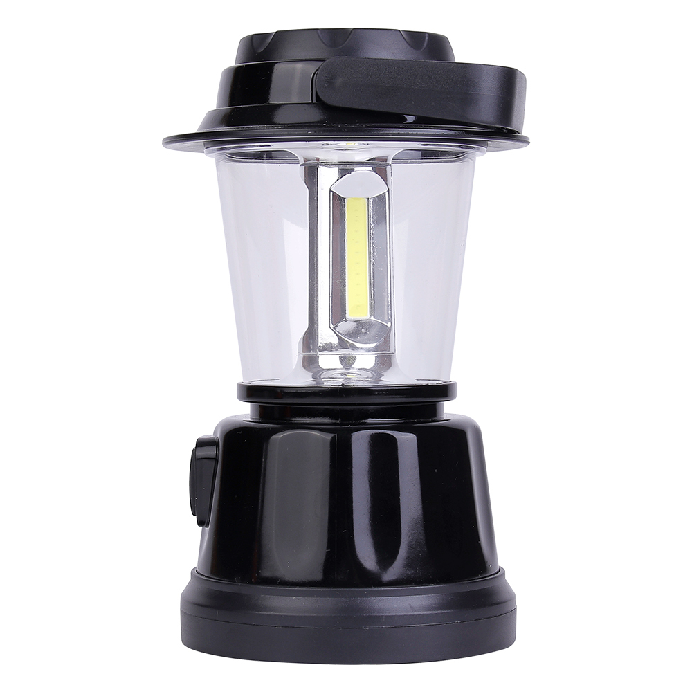Side view of the COB camping lantern with its top handle folded down along the side.