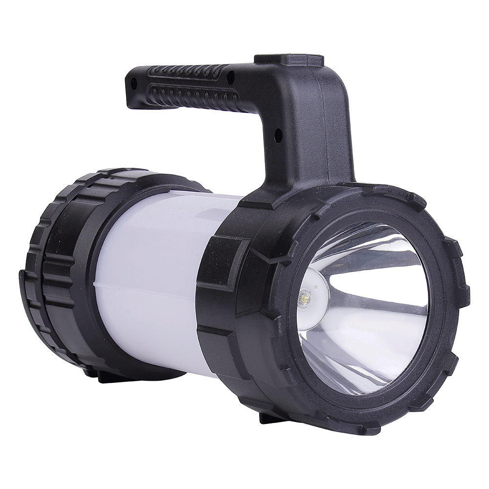 Perspective view of a black handheld LED camping searchlight with a side lantern shade.