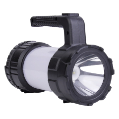 Perspective view of a black handheld LED camping searchlight with a side lantern shade.