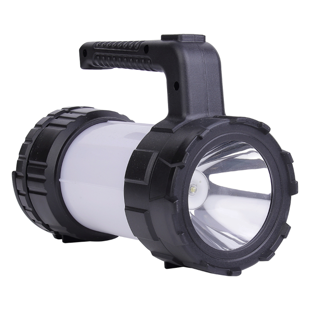 Perspective view of a black handheld LED camping searchlight with a side lantern shade.