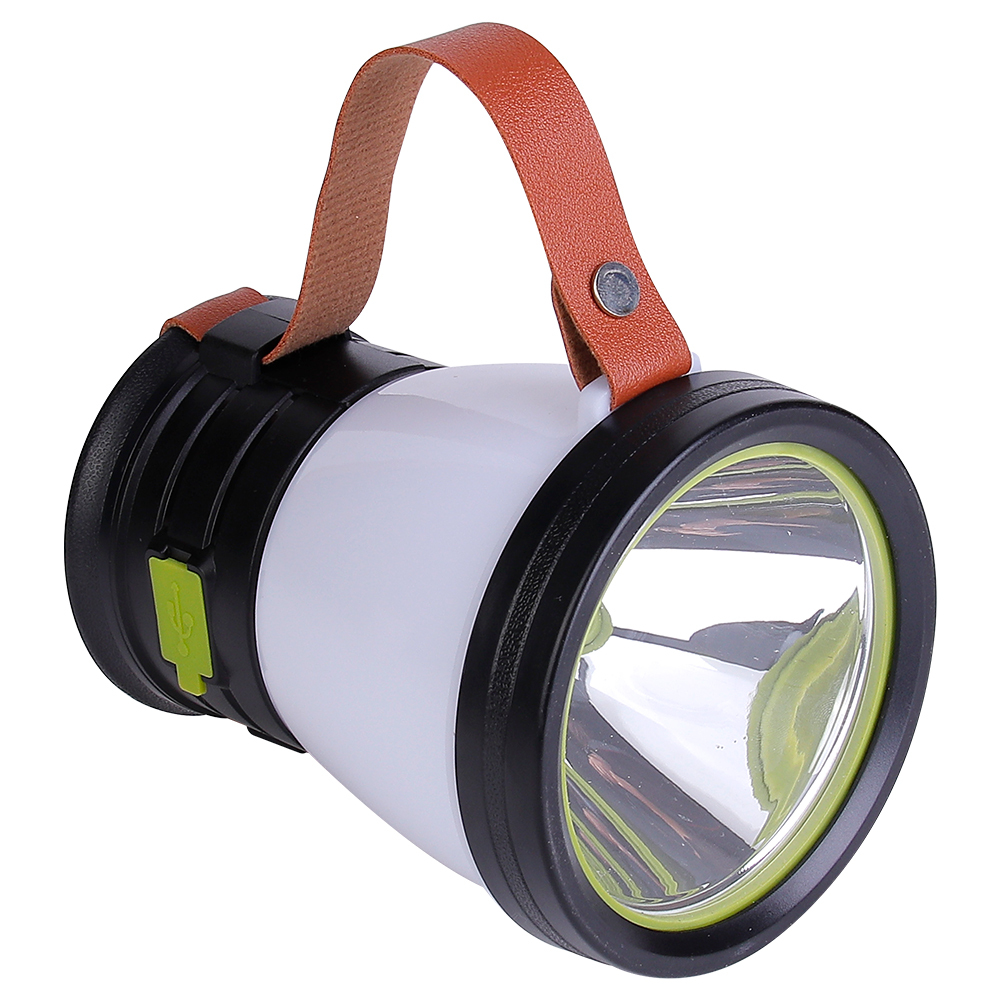 Perspective close-up view of the LED searchlight lens reflector with green rim accents.