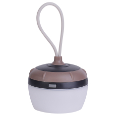 Front view of a mini bowl-shaped hanging LED tent light with a silicone lanyard.