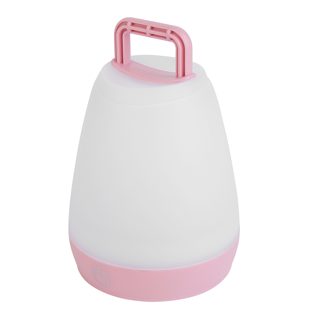 Side-angle view of the pink LED tent lantern showing the base and top carrying handle.