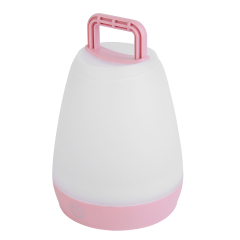 Side-angle view of the pink LED tent lantern showing the base and top carrying handle.