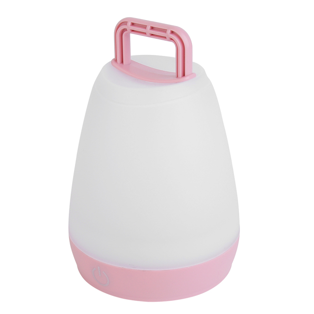 Side-angle view of the pink LED tent lantern showing the base and top carrying handle.