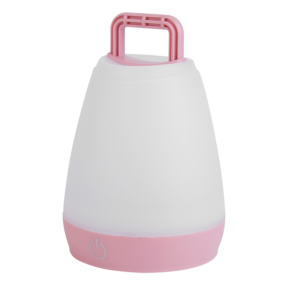Front-side view of the pink portable LED light displaying the power button icon on the base.