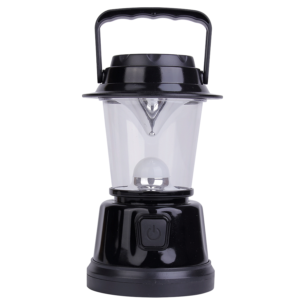 Front view of the portable LED camping lantern with its handle raised for hanging.