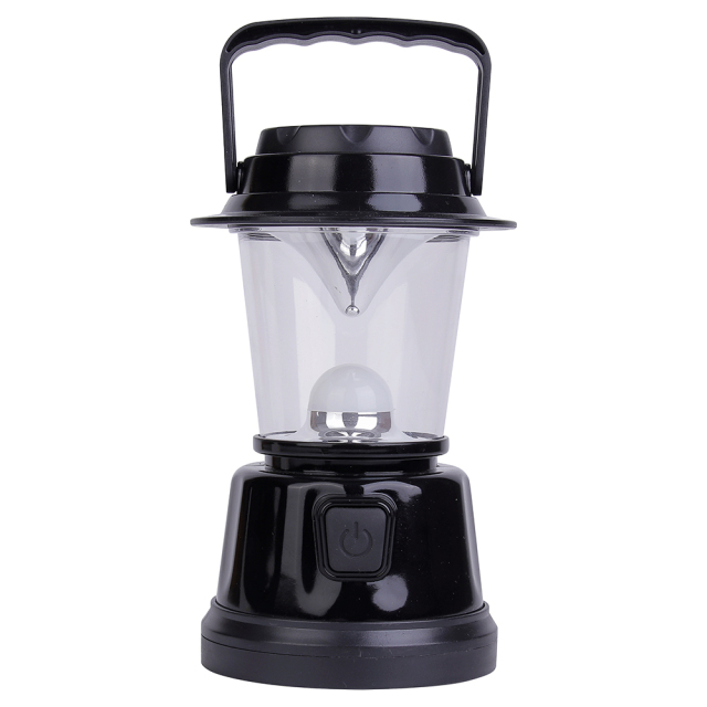 Front view of the portable LED camping lantern with its handle raised for hanging.