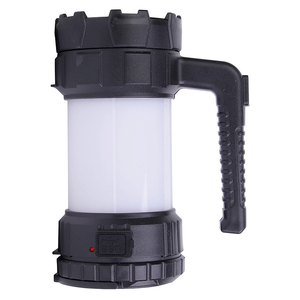 Side view of the black portable LED camping lantern standing upright with a side handle.
