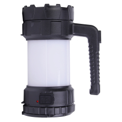 Side view of the black portable LED camping lantern standing upright with a side handle.