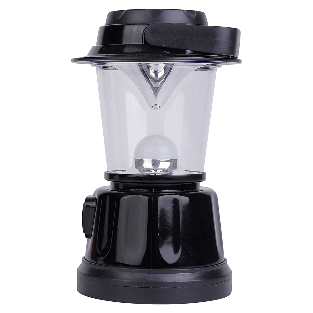 Side profile view of the portable LED tent lantern showing the power switch and handle.