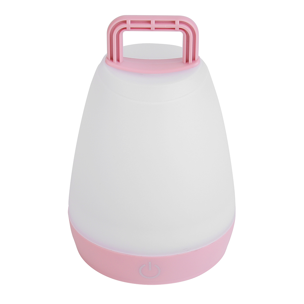 Front view of a portable pink LED lantern with a frosted shade and top handle.