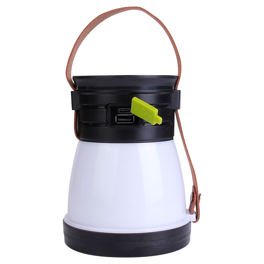 Back view of the rechargeable camping lantern highlighting the USB charging port protected by a rubber cover.
