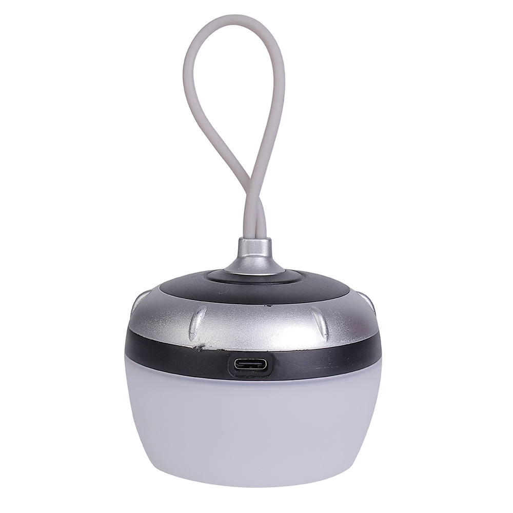 Back view of the silver rechargeable hanging tent light highlighting the Type-C charging port.